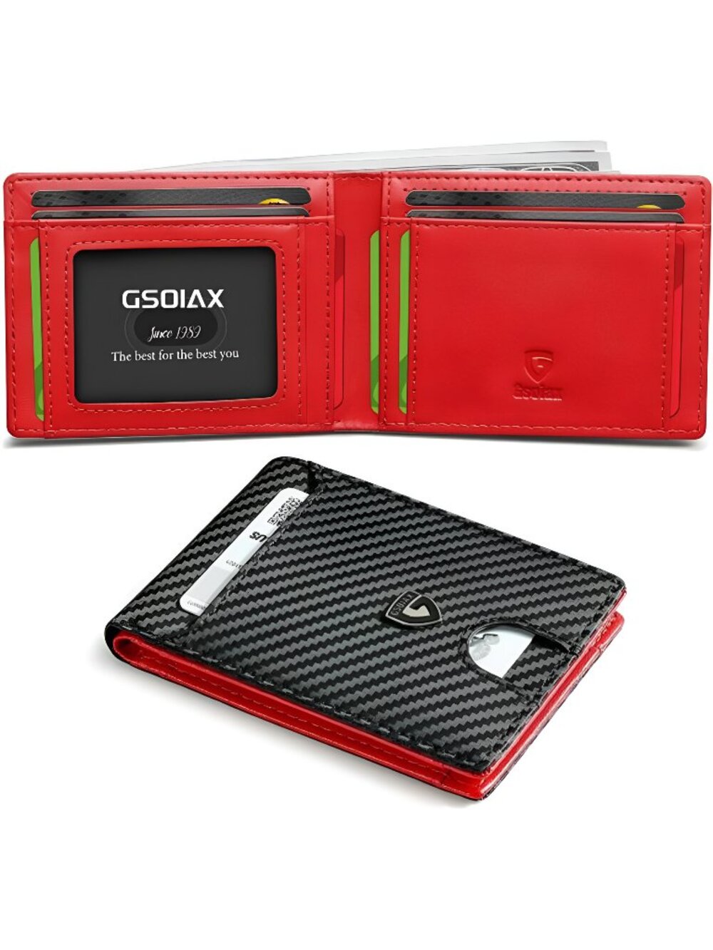 Mens Slim Wallet RFID Blocking Bifold Carbon Fiber Leather (Carbon Black & Red)